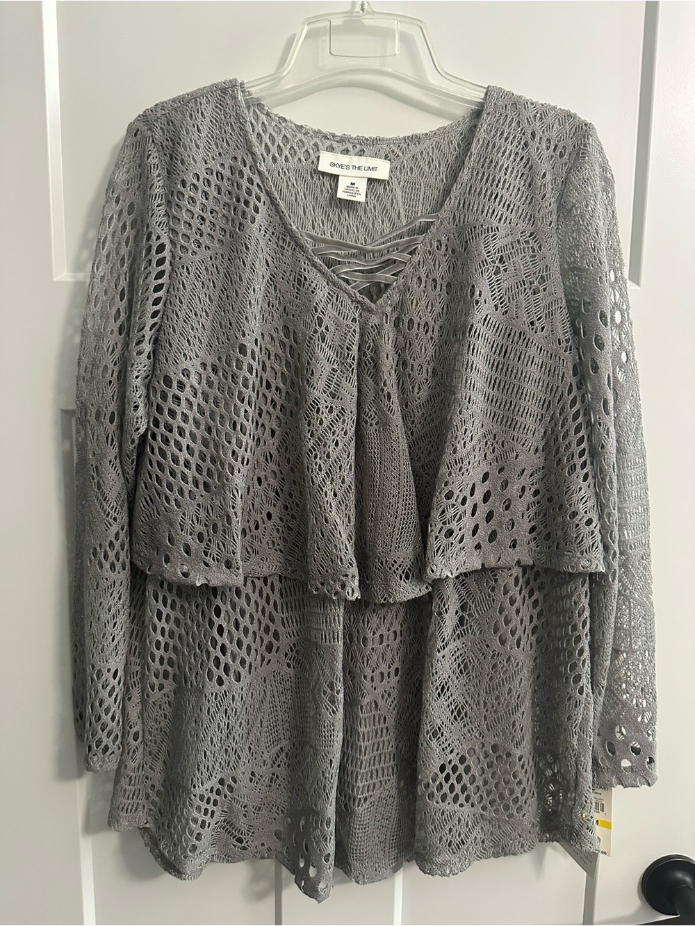 Skye's the Limit Gray Openwork Crochet Tunic with Crisscross V-Neck